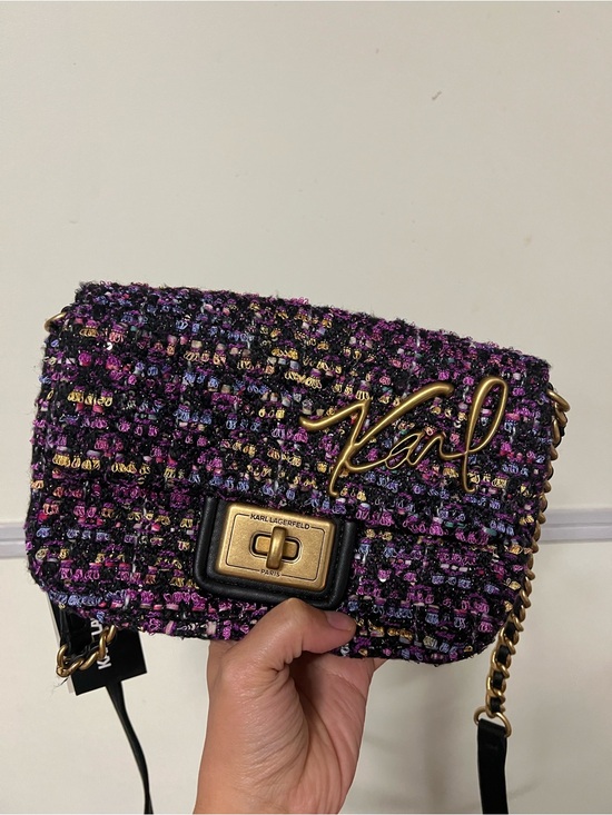 Karl Lagerfeld Handbags - Karl Lagerfeld Purple Multi Tweed Crossbody Bag with Gold Script